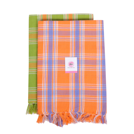 Korynza Dobby Cotton 250 GSM Bath Towel (Pack of 2) - Orange & Green