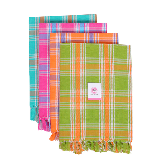 Korynza Dobby Cotton 250 GSM Bath Towel (Pack of 4) - Green, Orange, Pink, Cyan.