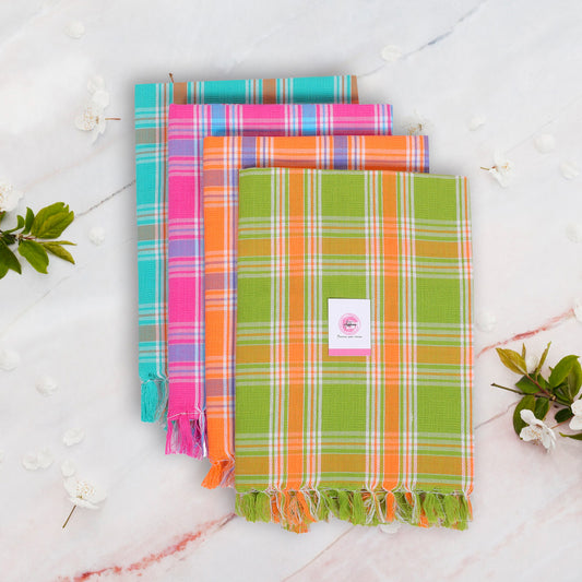 Korynza Dobby Cotton 250 GSM Bath Towel (Pack of 4) - Green, Orange, Pink, Cyan.