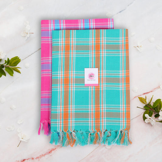 Korynza Dobby Cotton 250 GSM Bath & Beach Towel (Pack of 2) - Pink & Cyan