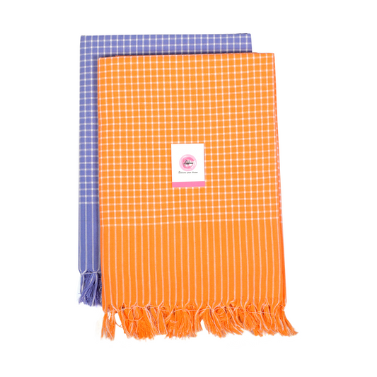 Korynza Mini Check Cotton 250 GSM Bath, Beach Towel  (Pack of 2) - Orange & Blue