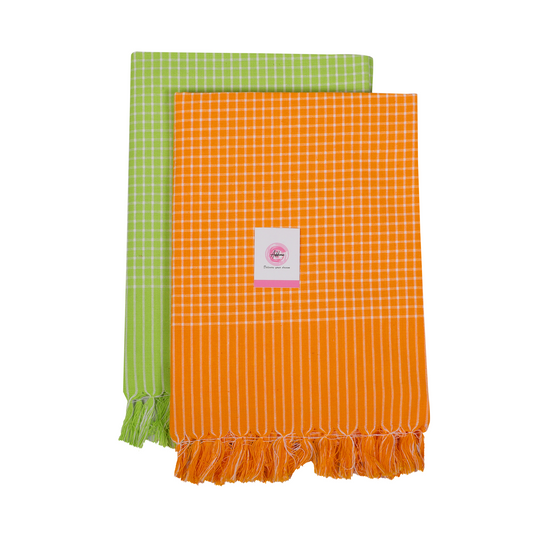 Korynza Mini Check Cotton 250 GSM Beach, Bath Towel  (Pack of 2) - Orange & Green
