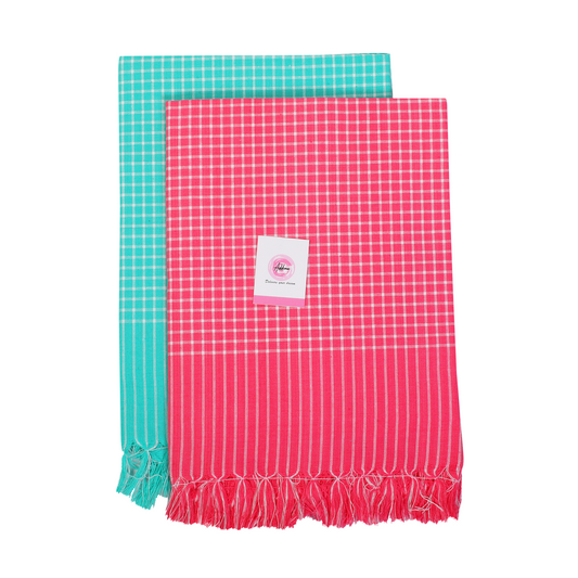 Korynza Mini Check Cotton 250 GSM Bath, Beach Towel  (Pack of 2) -  Pink & Cyan