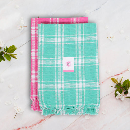 Korynza Polycotton 350 GSM Bath, Beach Towel (Pack of 2) - Pink & Cyan