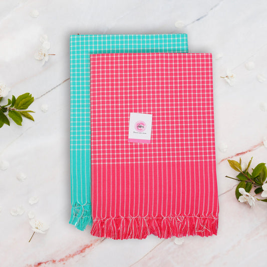 Korynza Mini Check Cotton 250 GSM Bath, Beach Towel  (Pack of 2) -  Pink & Cyan