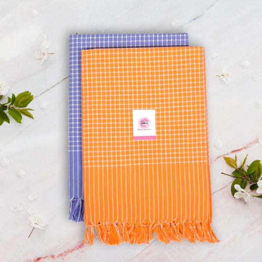 Korynza Mini Check Cotton 250 GSM Bath, Beach Towel  (Pack of 2) - Orange & Blue