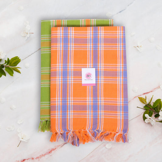 Korynza Dobby Cotton 250 GSM Bath Towel (Pack of 2) - Orange & Green