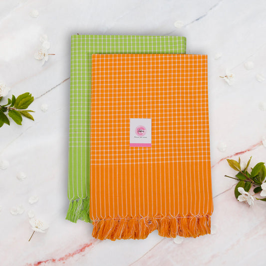 Korynza Mini Check Cotton 250 GSM Beach, Bath Towel  (Pack of 2) - Orange & Green